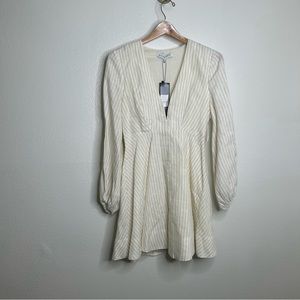 NWT Shona Joy 100% Linen Striped Cream Plunge Mini Dress 4
